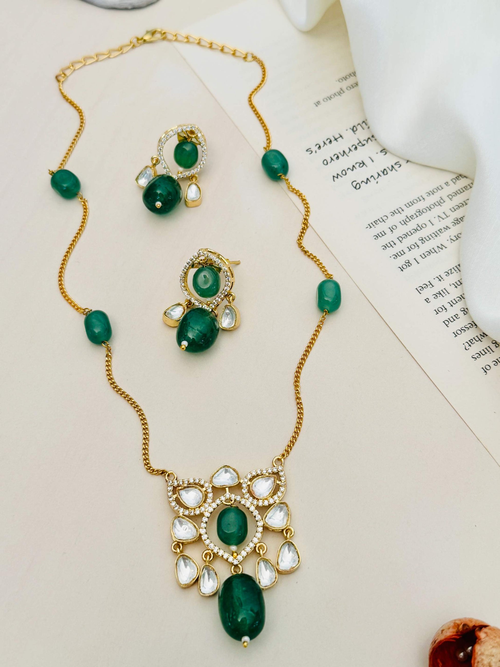 Premium Gold Plated Polki Pendant Set with green stones and matching earrings by Abdesignsjewellery