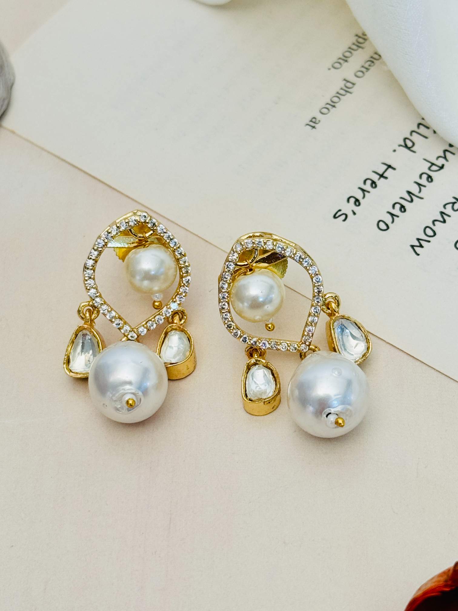 Premium Gold Plated Polki Pendant Set with white pearls and clear stone accents by Abdesignsjewellery