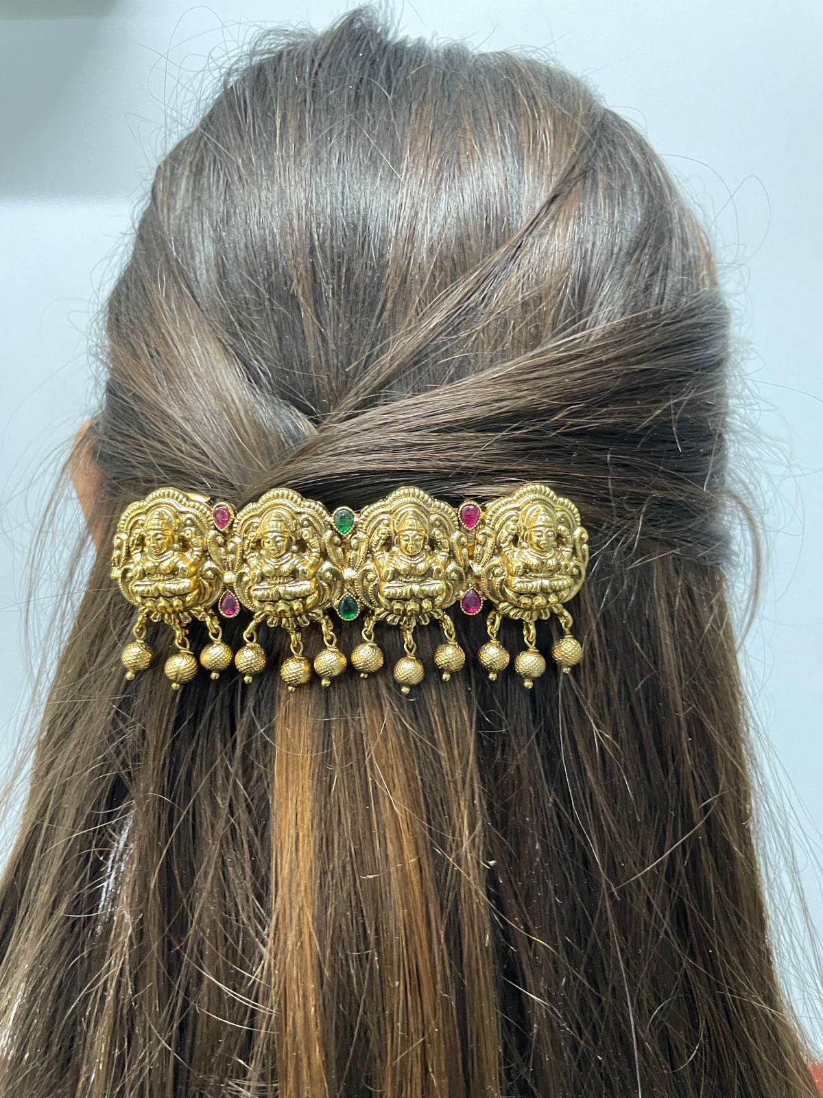 Antique Temple Goddess Laxmi Kemp Stone Hair Clip - Abdesignsjewellery