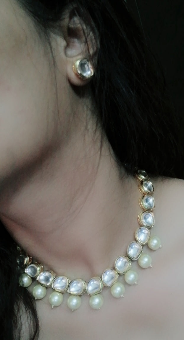 Gold Plated White Drop Kundan Choker Necklace - Abdesignsjewellery