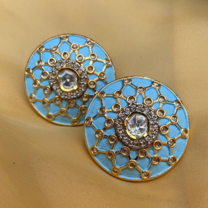 Superior Blue Round Kundan Gold Plated Stud Earrings - Abdesignsjewellery