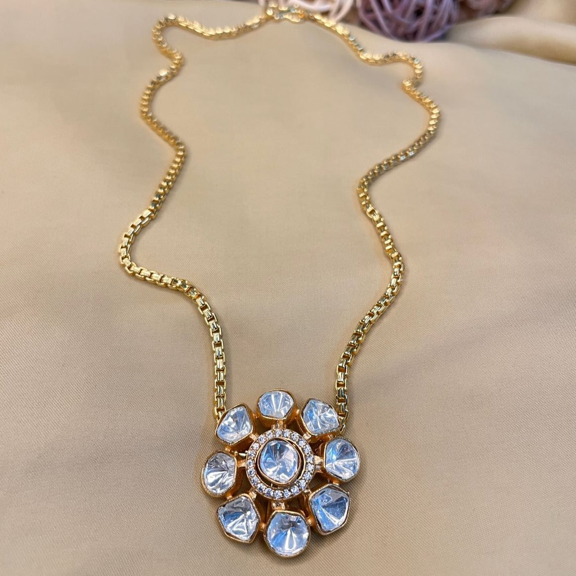 Classic Polki Flower Design Chain & Earrings - Abdesignsjewellery