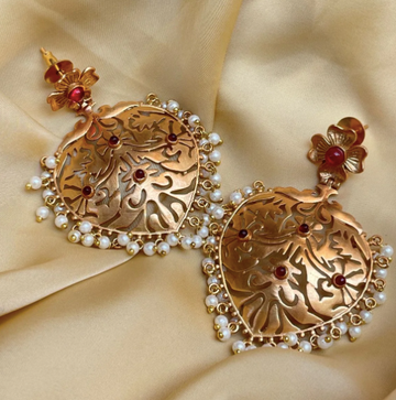 Matt Yellow Gold Red Pearl Drop Earrings - Abdesigns