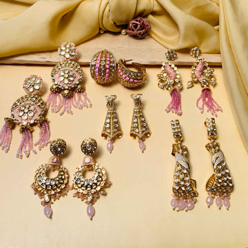 Collection of beautiful Colour Shades earrings including chandelier, hoop, and dangle styles with pink and gold accents