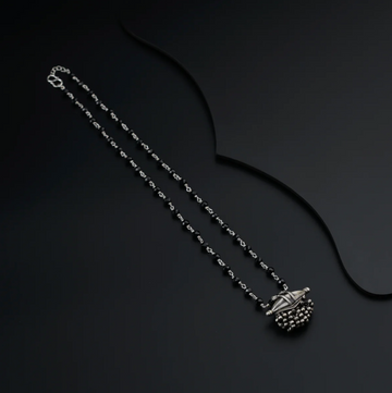 Elegant 925 Sterling Silver Jewellery Mangalsutra necklace with intricate pendant on black background