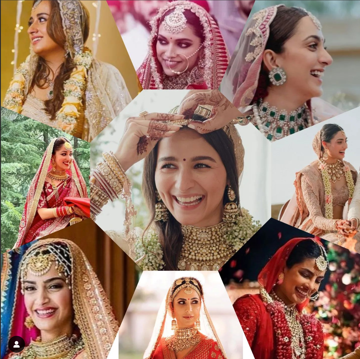 Collage of Indian brides wearing intricate Bollywood Celebrity Mangalsutra jewelry in diverse traditional wedding styles