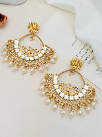 Gold plated lotus mirror chandbali earrings by Abdesigns Jewellery