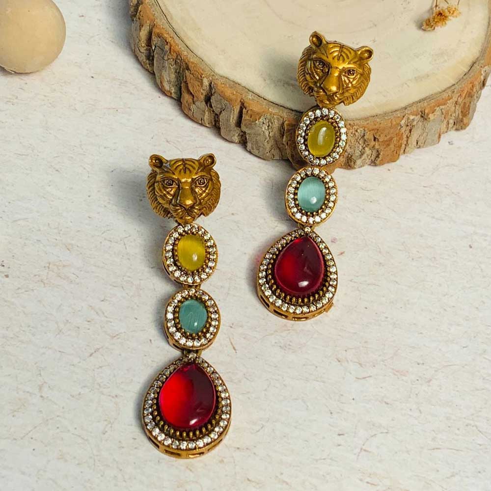 Danglers earring featuring gold tiger head with multi-colored stones and rhinestone accents