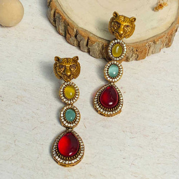 Danglers earring featuring gold tiger head with multi-colored stones and rhinestone accents