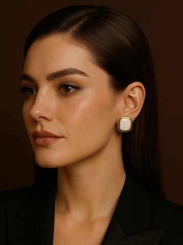 Abdesigns Gold Plated White Big Square Stud Earring