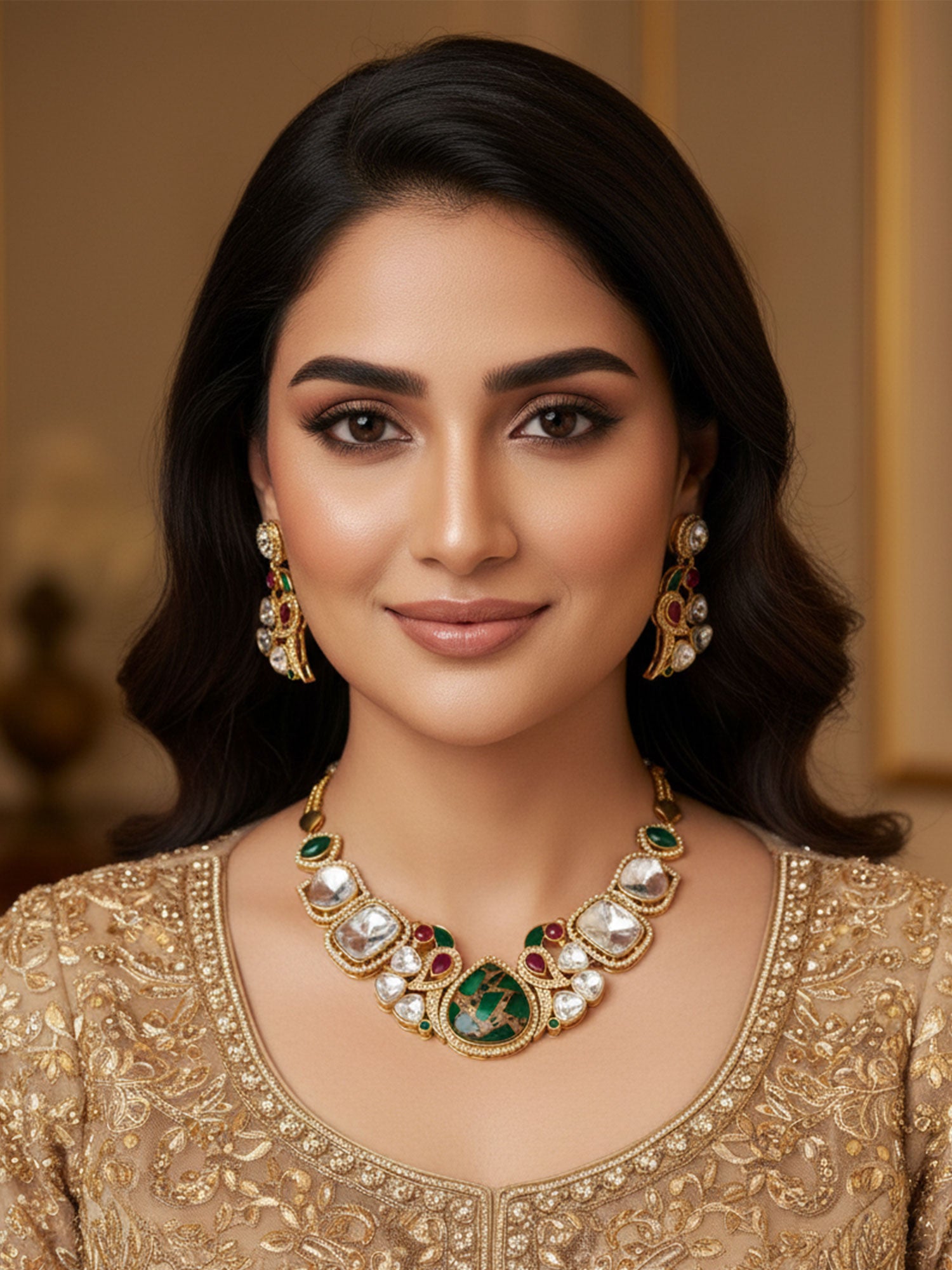 Abdesigns Gold Plated Peacock Polki Stone Necklace Set