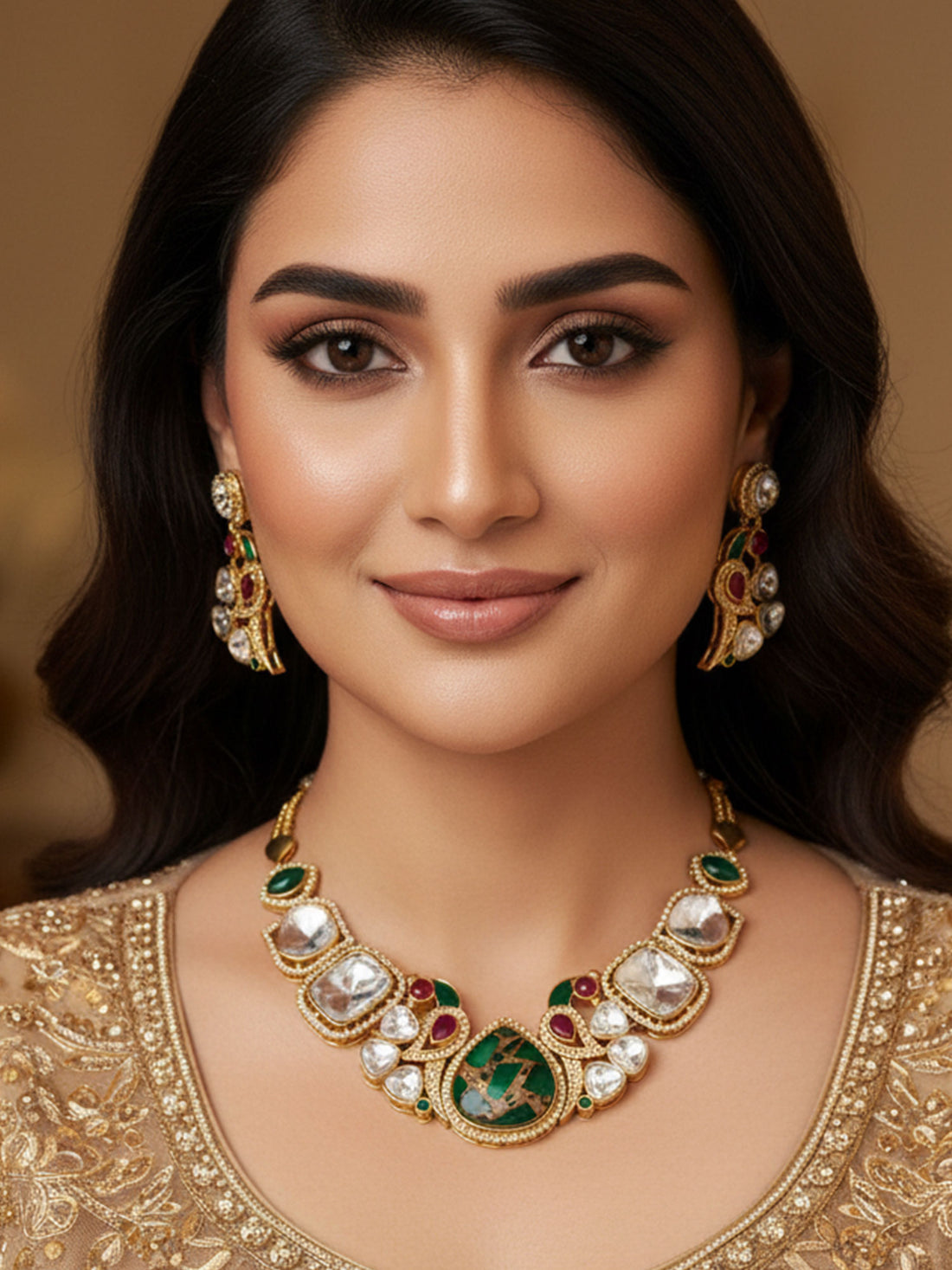 Gold Plated Peacock Polki Stone Necklace Set with intricate design and matching earrings