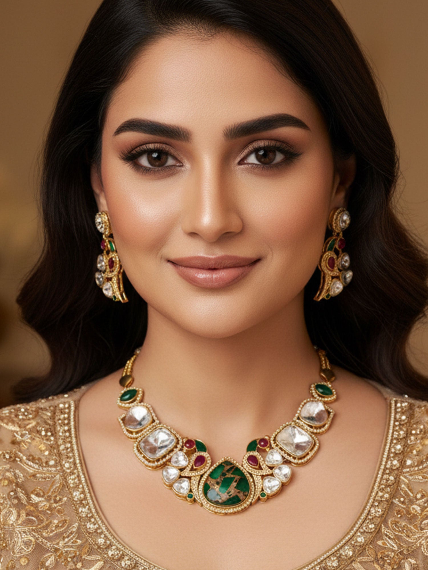 Abdesigns Gold Plated Peacock Polki Stone Necklace Set