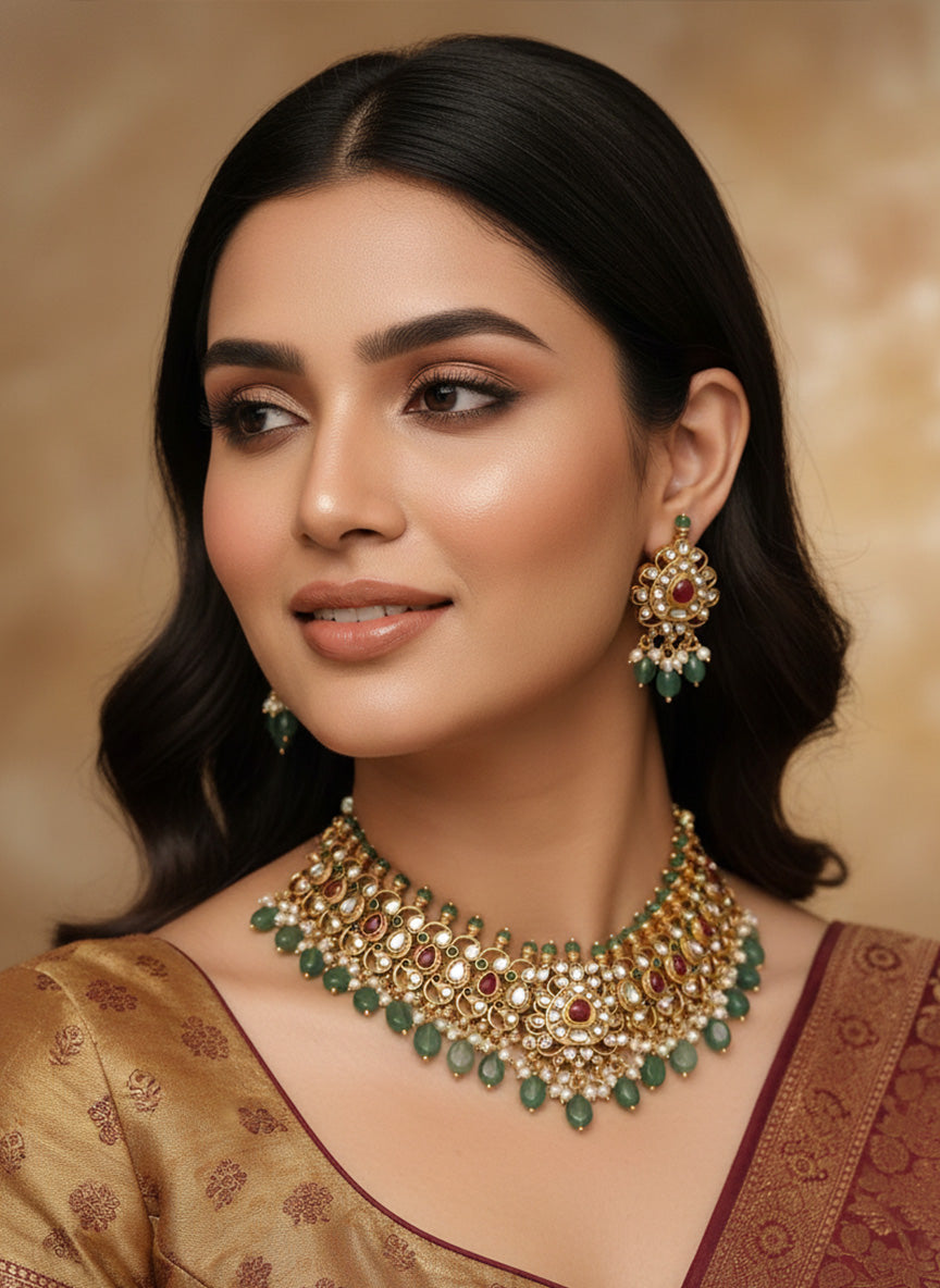 Gold Plated Polki Kundan Necklace Set with intricate designs and matching earrings, perfect for special occasions