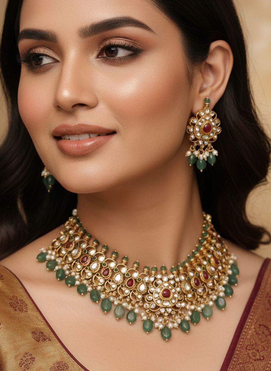Gold Plated Polki Kundan Necklace Set with intricate designs and matching earrings, perfect for special occasions