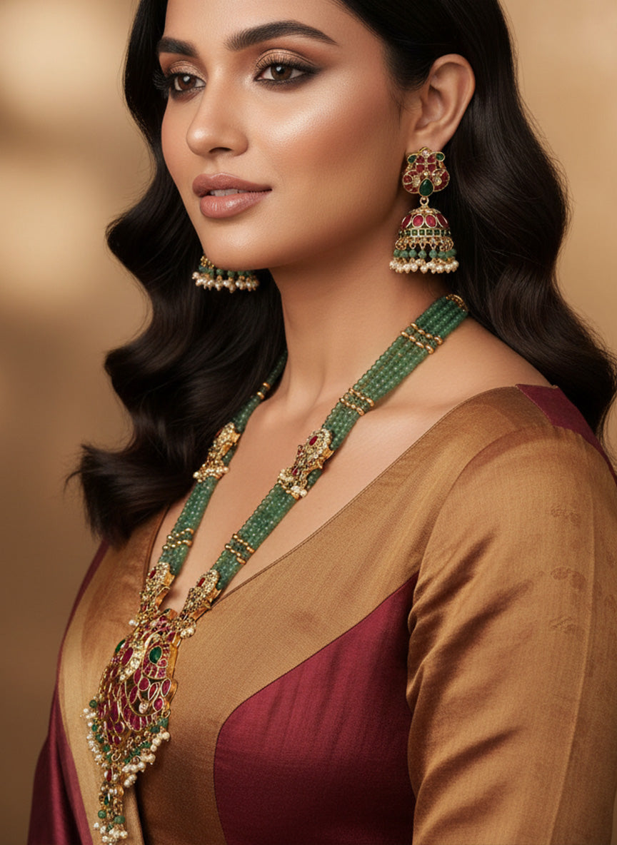 Bridal Gold Plated KempStone Beads Necklace Set by Abdesignsjewellery