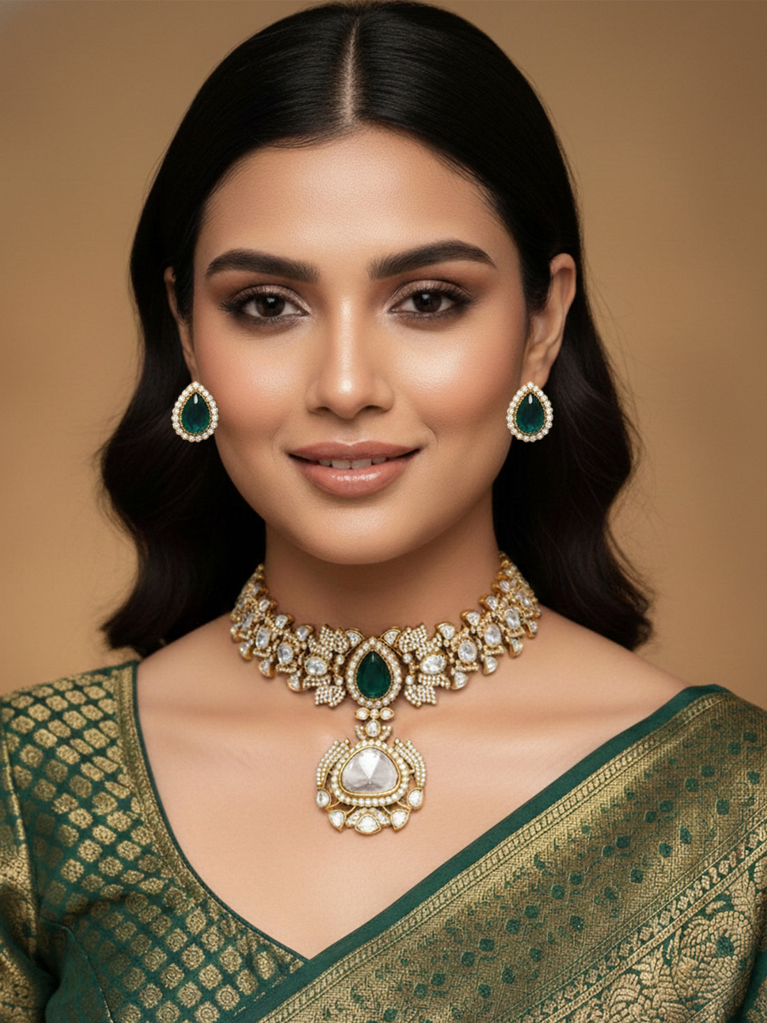 Abdesigns Green Stone Ethnic Elegant Festive Polki Choker Set