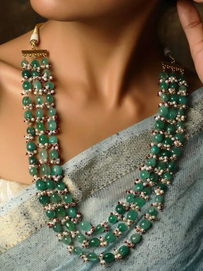 Jaipur Emerald Beads Green Gold Tone Pearl Beaded Necklace