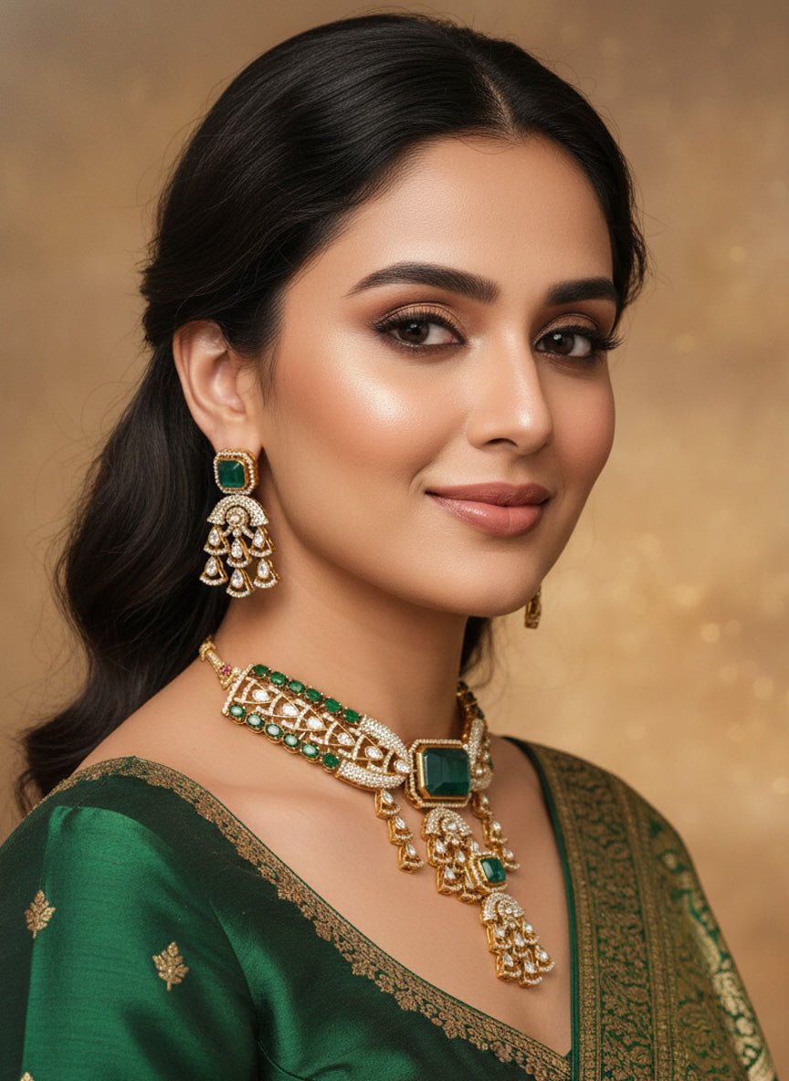 Elegant Gold Plated American Diamond Necklace with Green Stones and Intricate Design