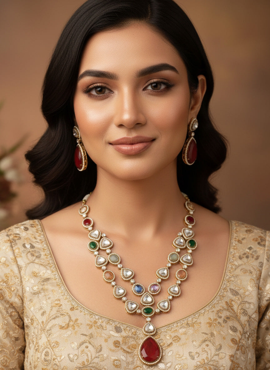 Abdesigns Gold Plated Multicolour Jaipuri Stone Polki Necklace Set