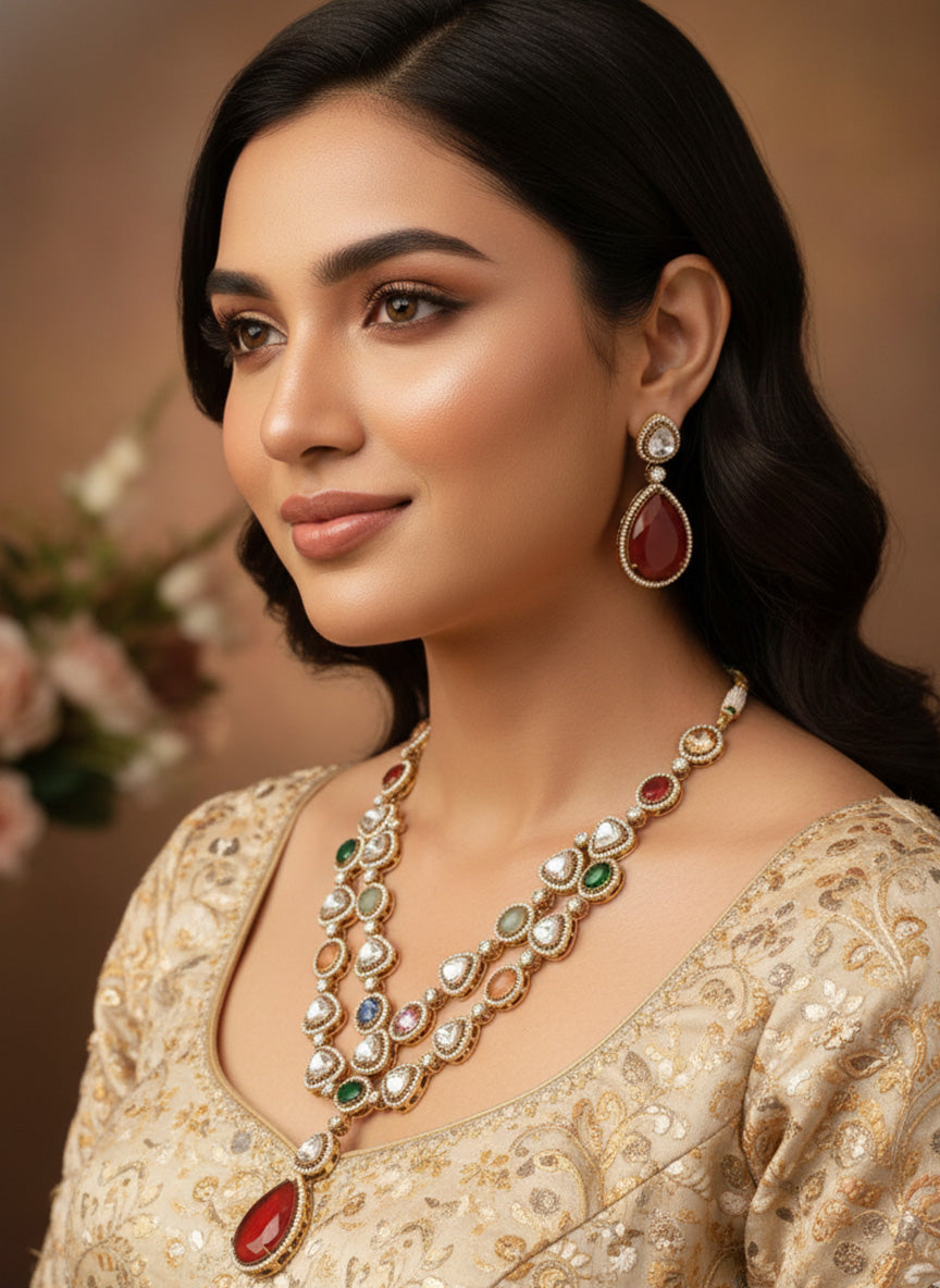 Abdesigns Gold Plated Multicolour Jaipuri Stone Polki Necklace Set