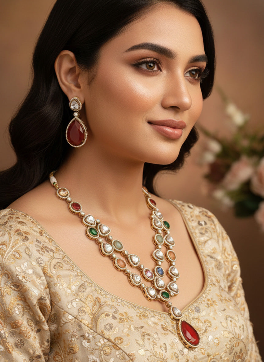 Abdesigns Gold Plated Multicolour Jaipuri Stone Polki Necklace Set