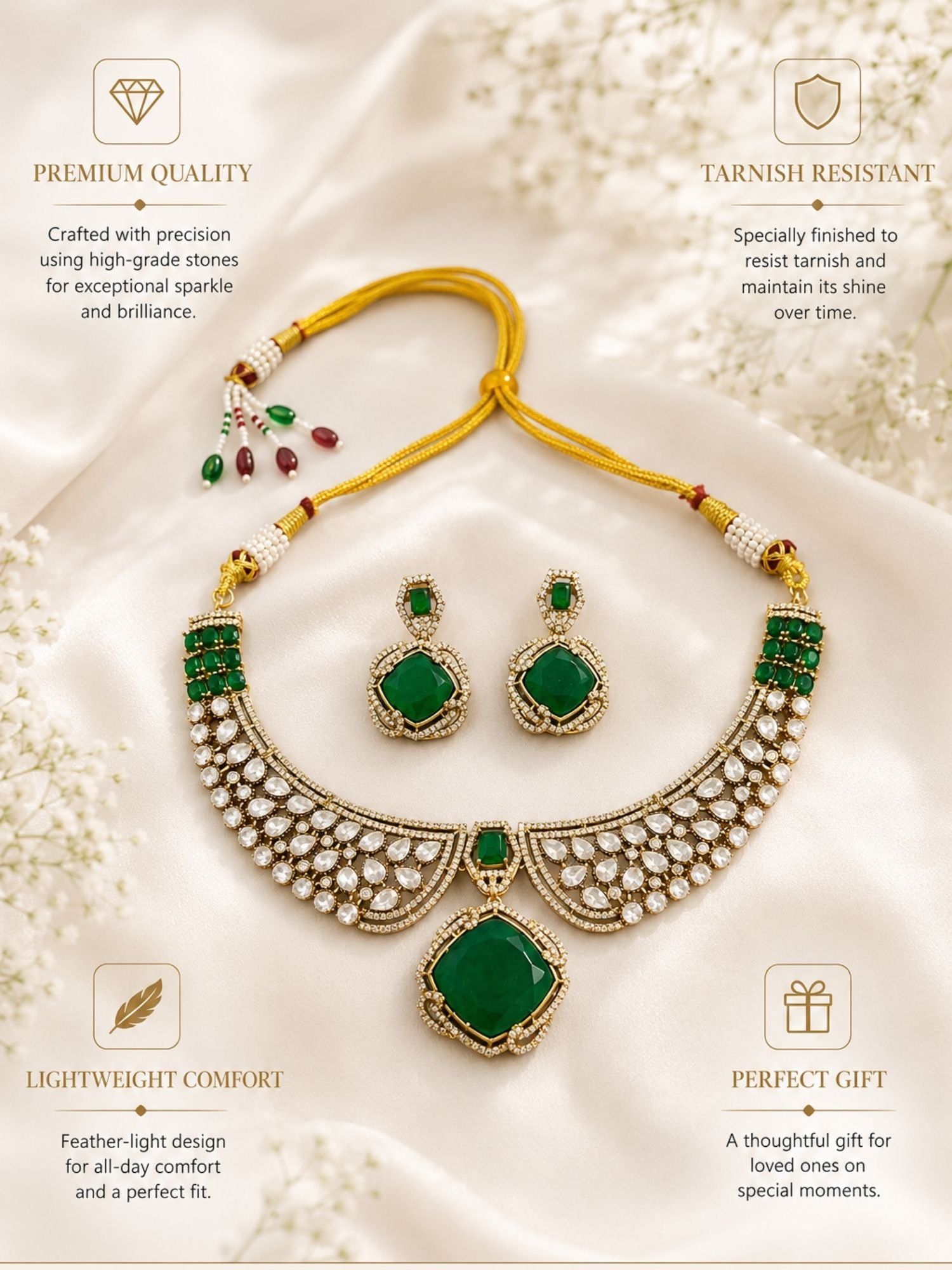 Gold Polki Green Emerald Stone Necklace Set | Abdesigns Jewellery