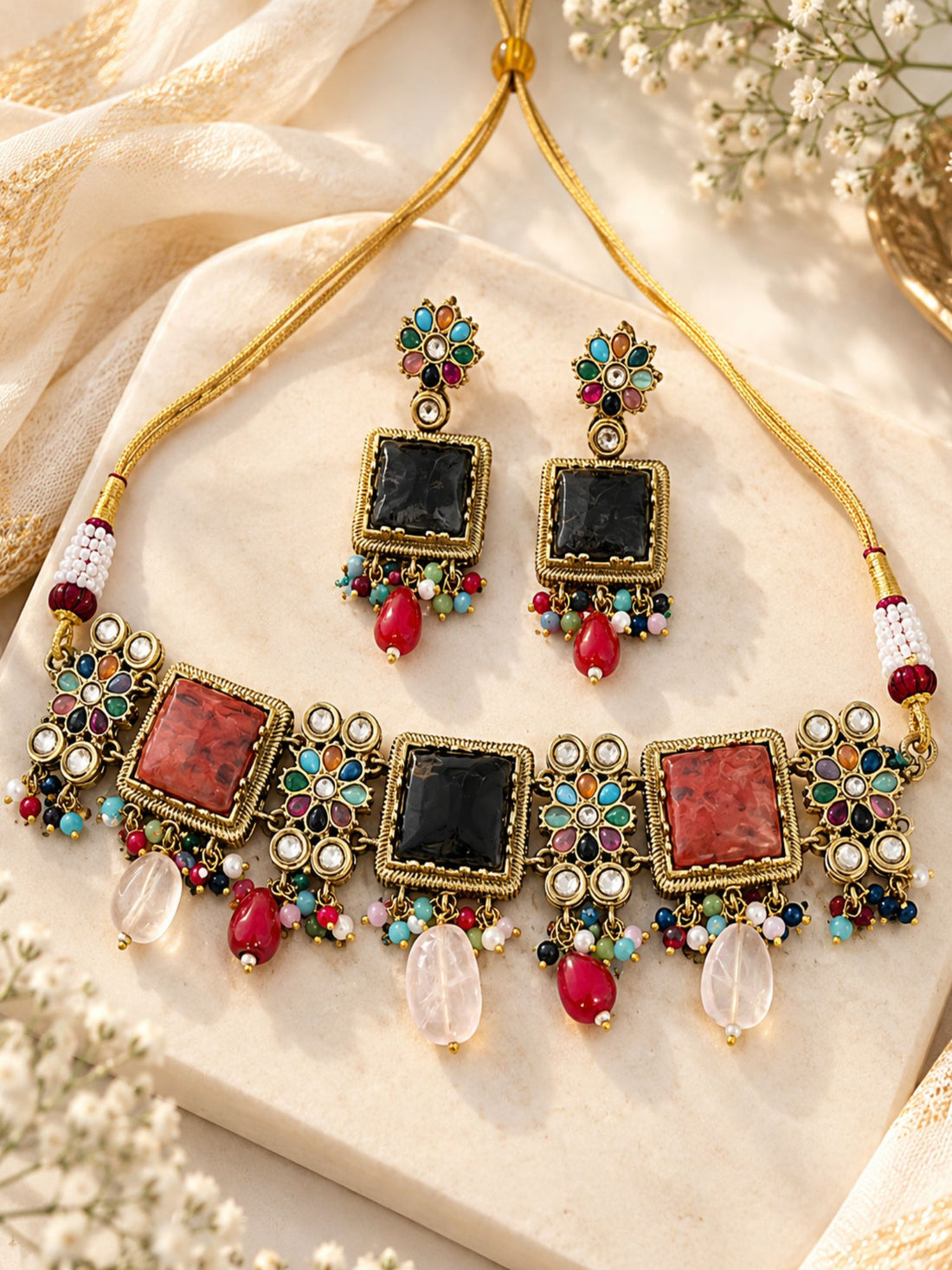 Antique Gold Plated Multicolor Floral Choker Necklace Set | Abdesigns