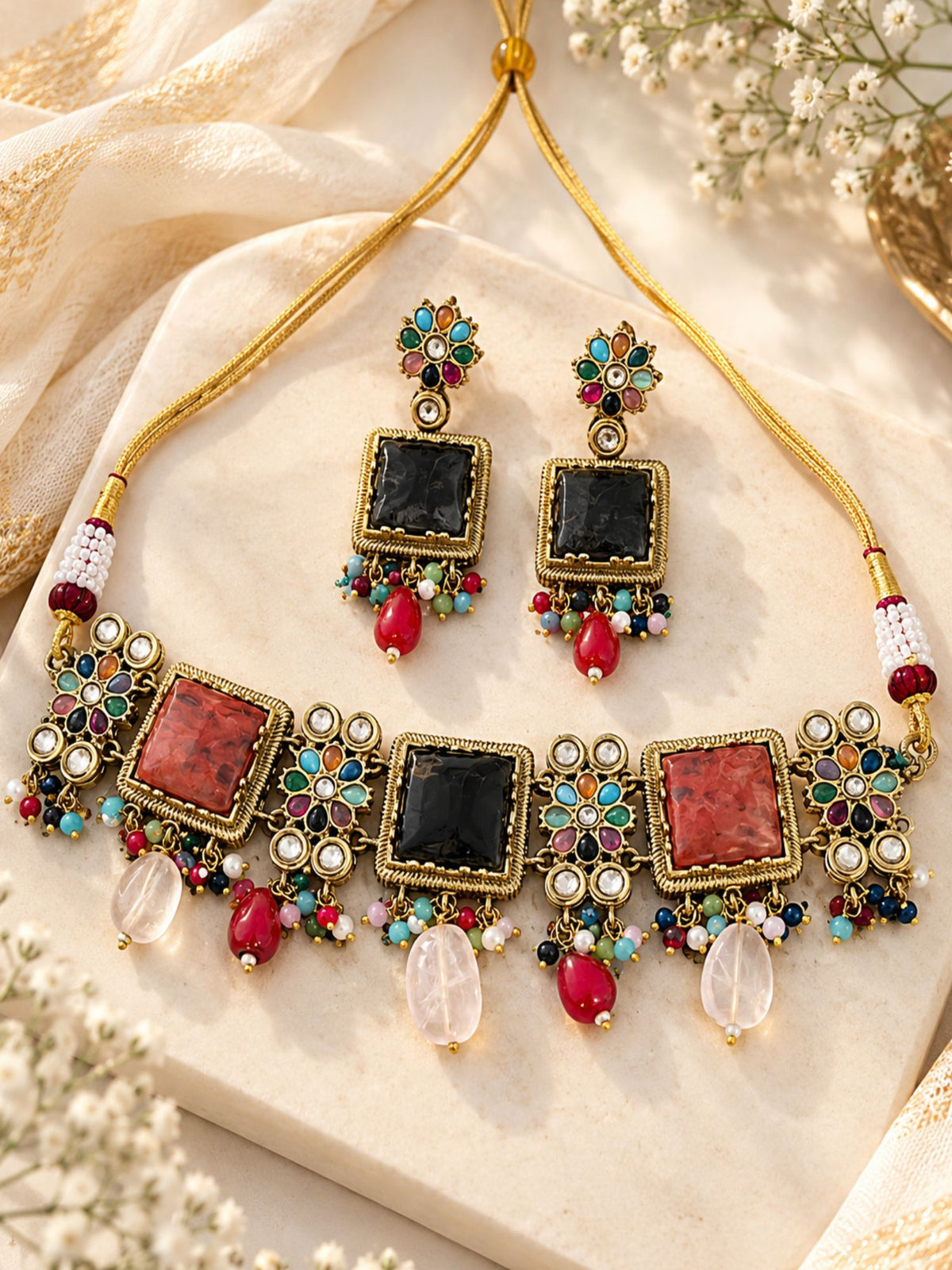 Multicolor Floral Choker Necklace Set Antique Gold | Abdesigns
