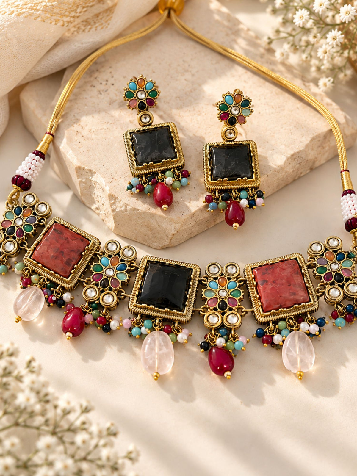 Multicolor Floral Choker Necklace Set Antique Gold | Abdesigns