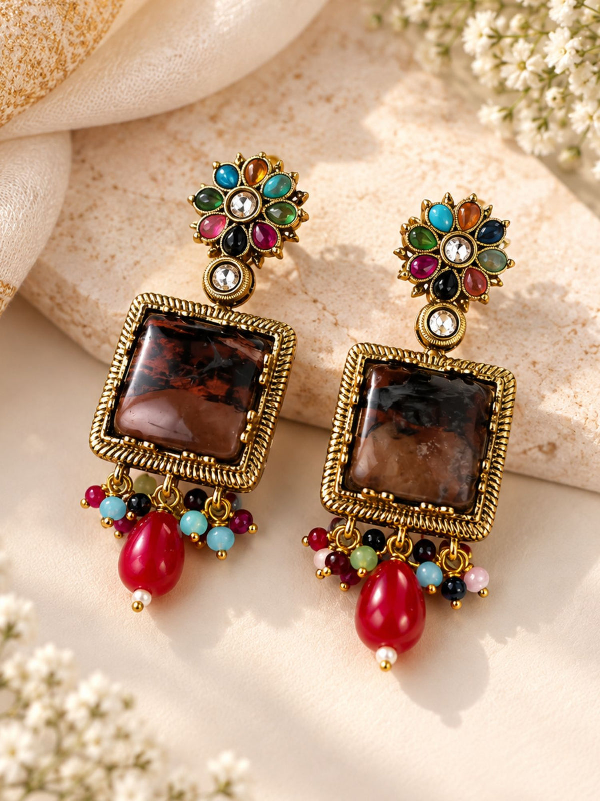 Multicolor Floral Choker Necklace Set Antique Gold | Abdesigns