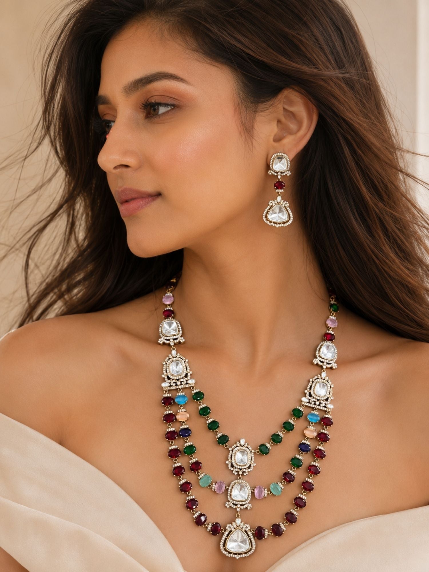 Bridal Polki Layered Necklace Set in Oxidsed Mehndi Plating  | Abdesigns Jewellery