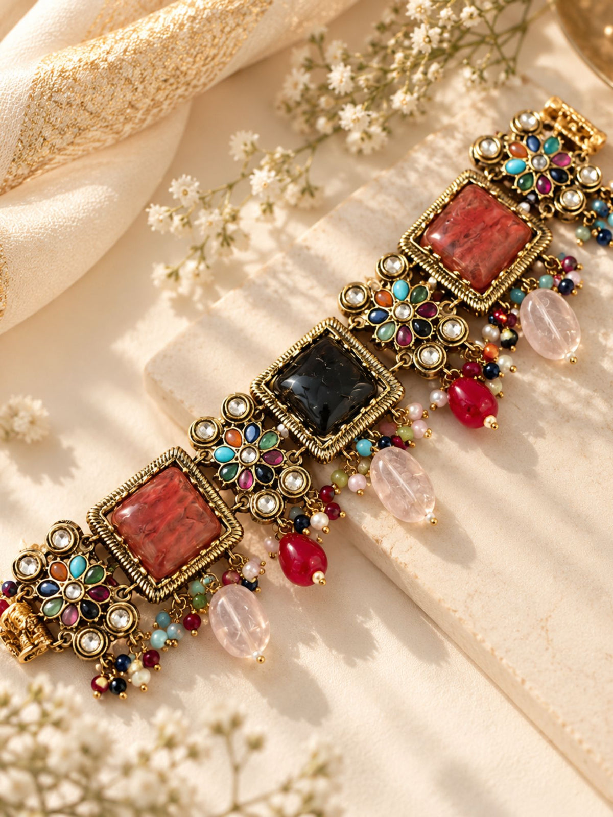 Multicolor Floral Choker Necklace Set Antique Gold | Abdesigns