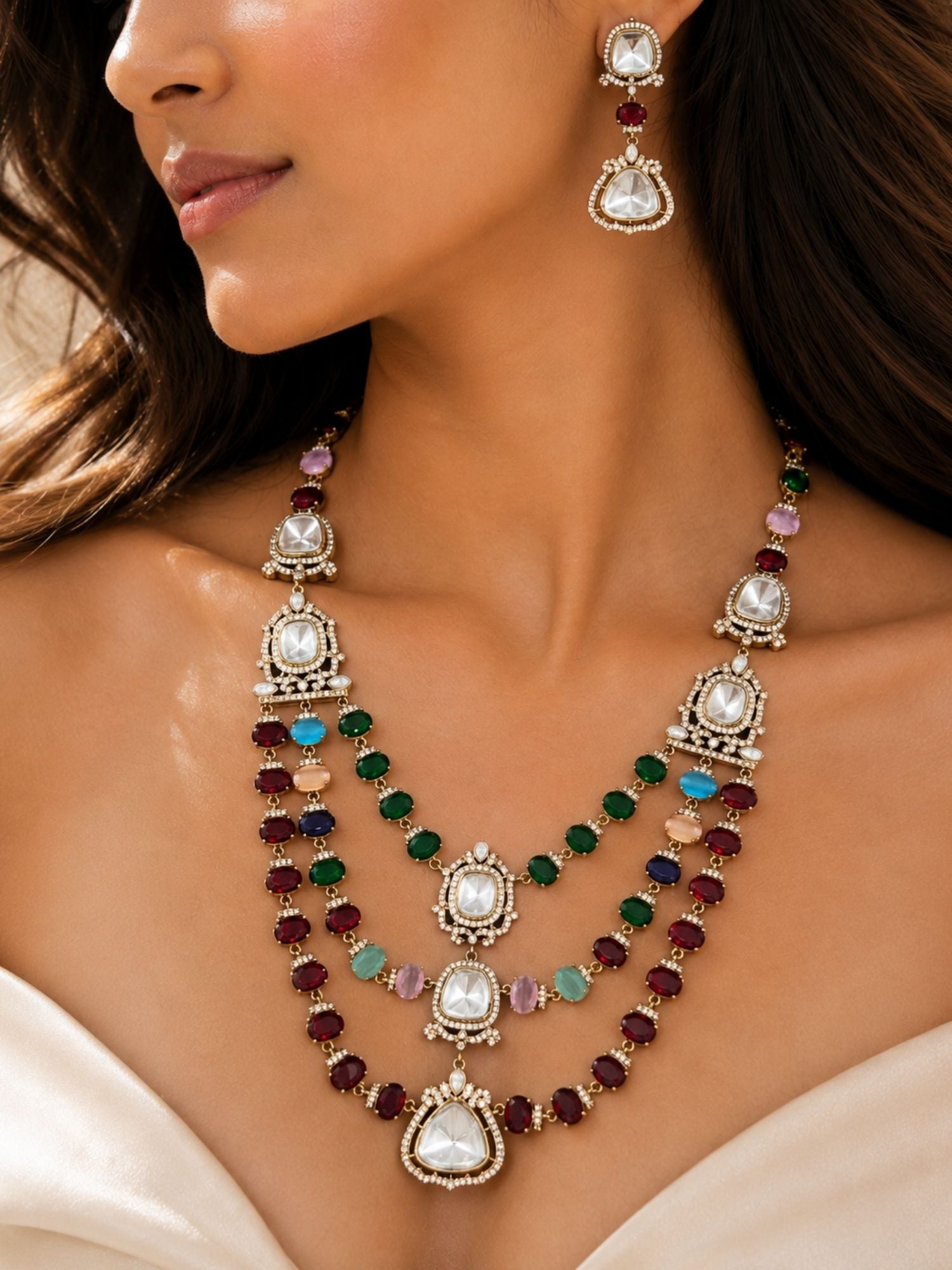 Bridal Polki Layered Necklace Set in Oxidsed Mehndi Plating  | Abdesigns Jewellery