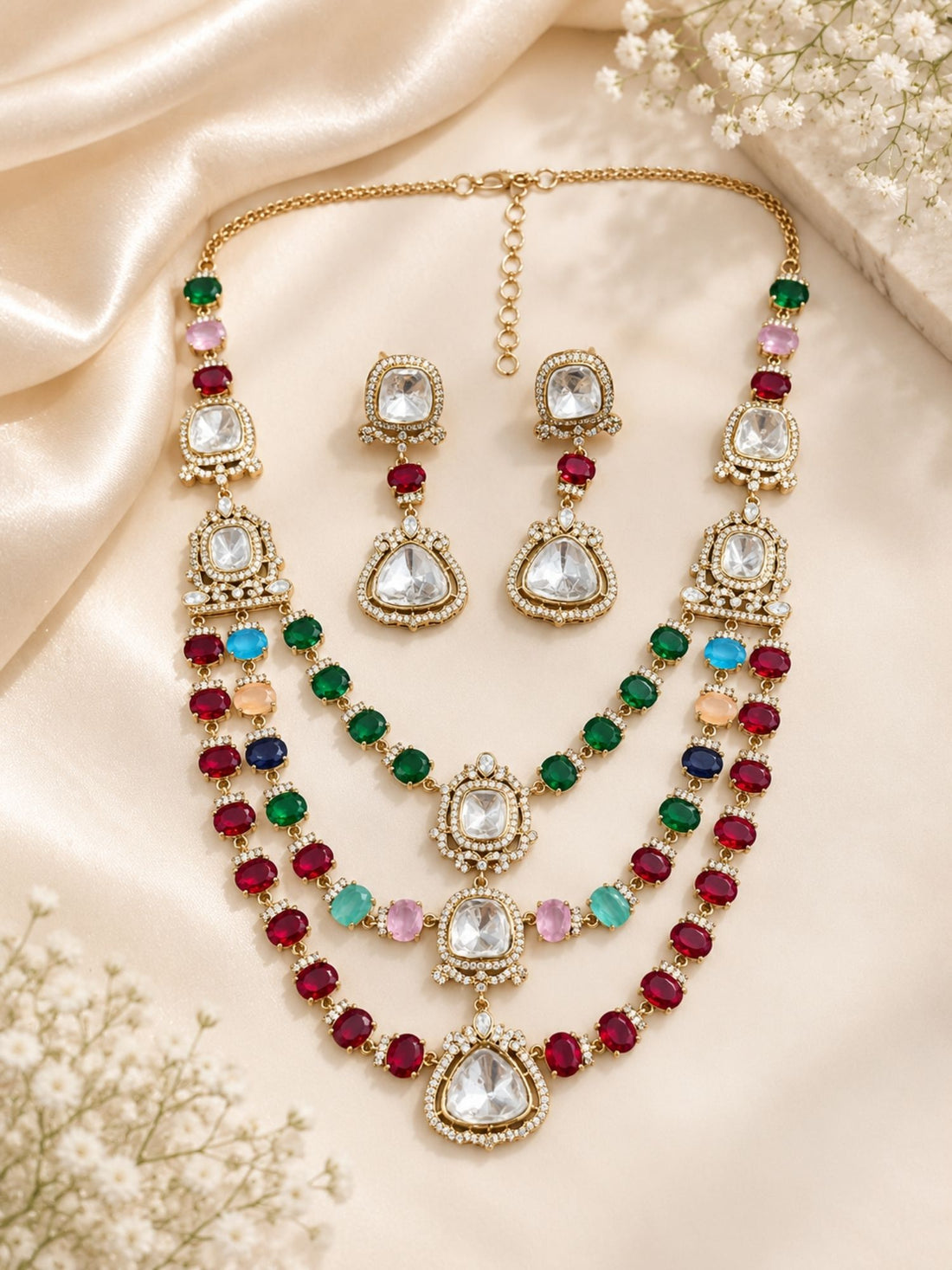 Bridal Polki Layered Necklace Set in Oxidsed Mehndi Plating  | Abdesigns Jewellery
