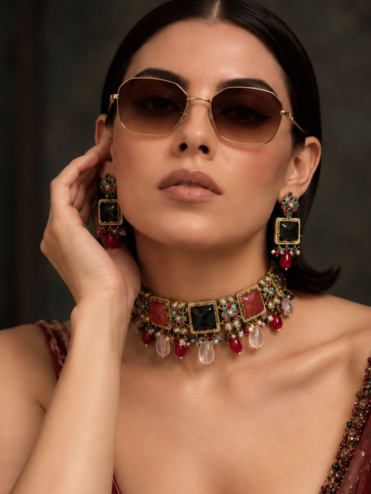 Multicolor Floral Choker Necklace Set Antique Gold | Abdesigns