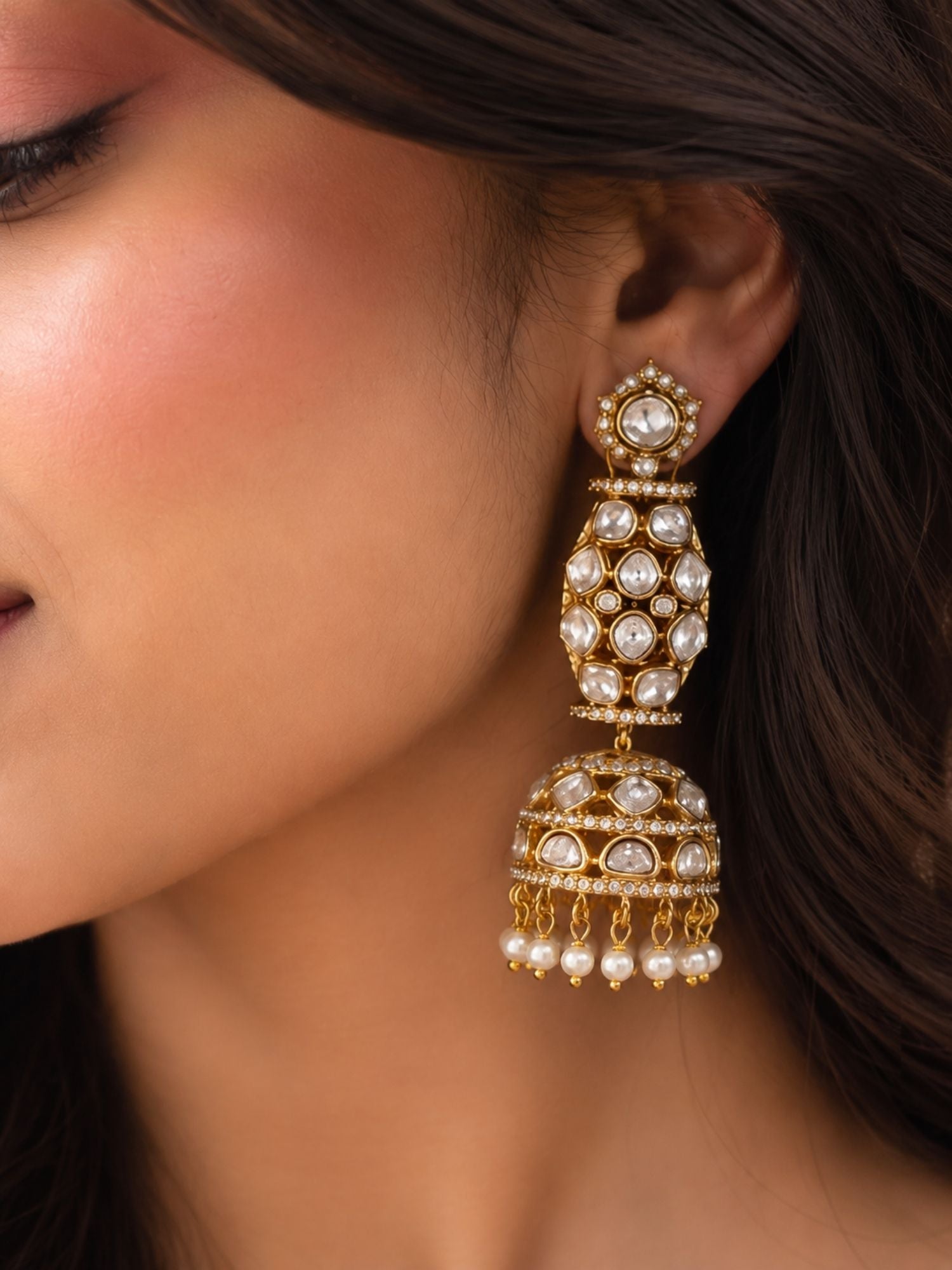 Kundan Jhumka Bridal Earrings in Gold Plating | Abdesigns