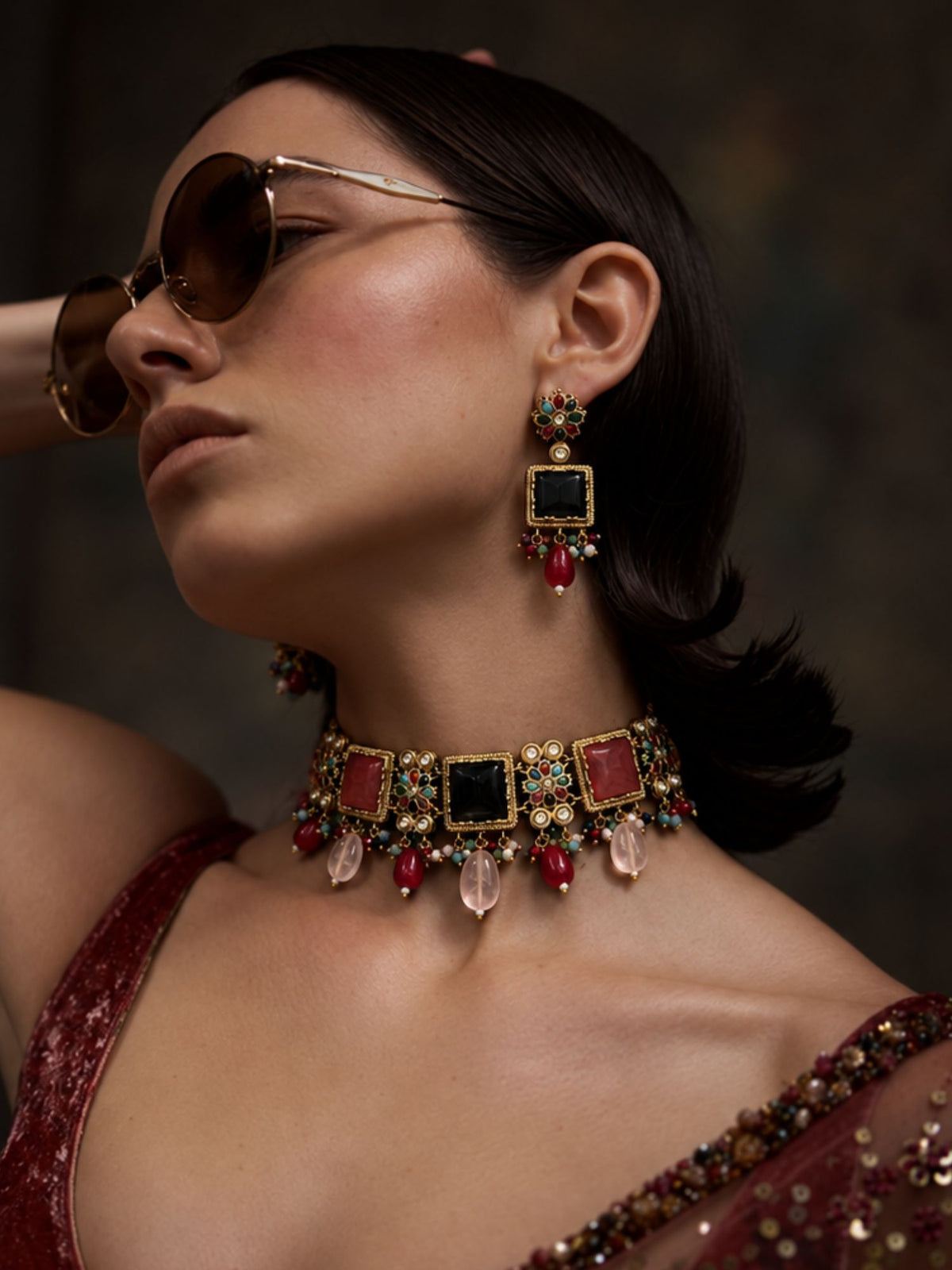 Multicolor Floral Choker Necklace Set Antique Gold | Abdesigns