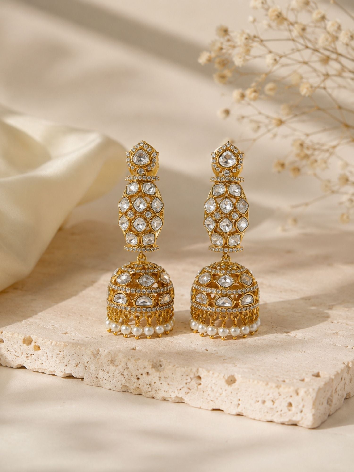 Kundan Jhumka Bridal Earrings in Gold Plating | Abdesigns