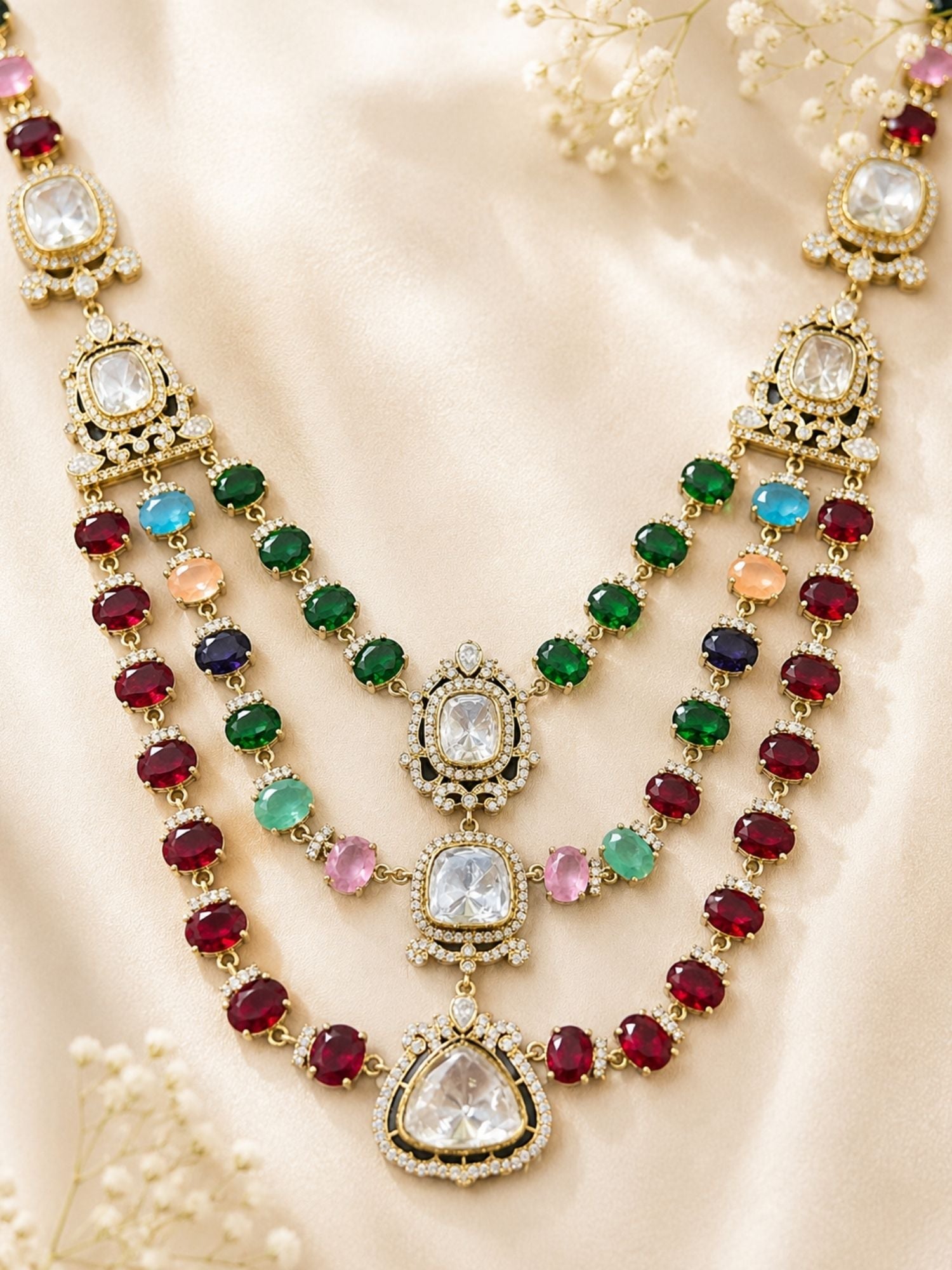 Bridal Polki Layered Necklace Set in Oxidsed Mehndi Plating  | Abdesigns Jewellery