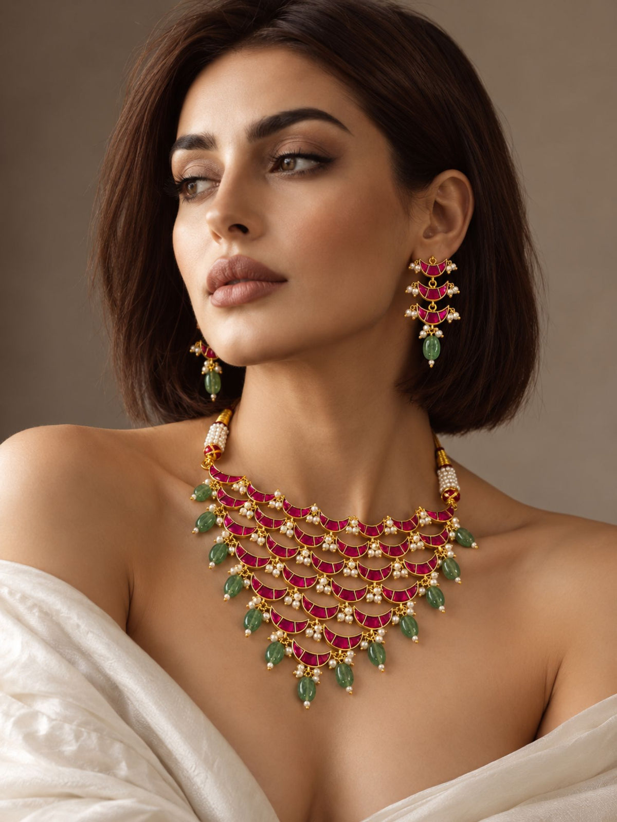 Red Kundan Crescent Green Bead Necklace Set Gold Plated | Abdesigns