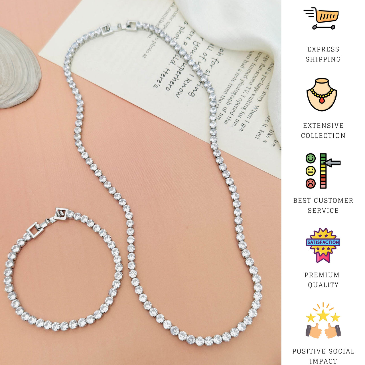 Round Silver Plated American Diamond Bracelet Chain Combo Set