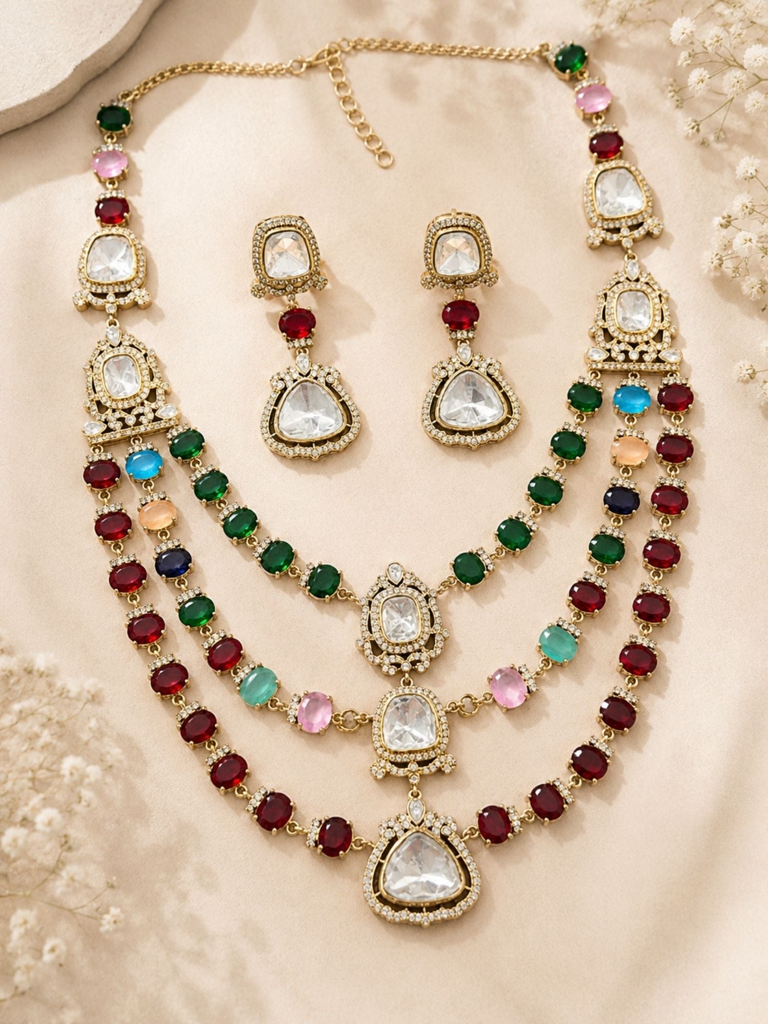 Bridal Polki Layered Necklace Set in Oxidsed Mehndi Plating  | Abdesigns Jewellery