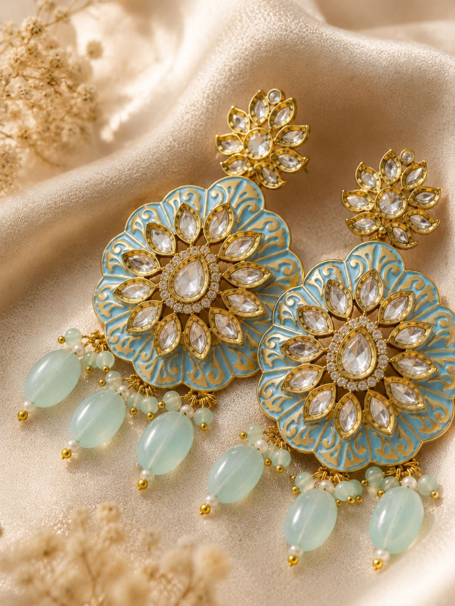 Sky Blue Kundan Statement Earrings in Gold Finish – Festive Wear | Abdesigns Jewellery