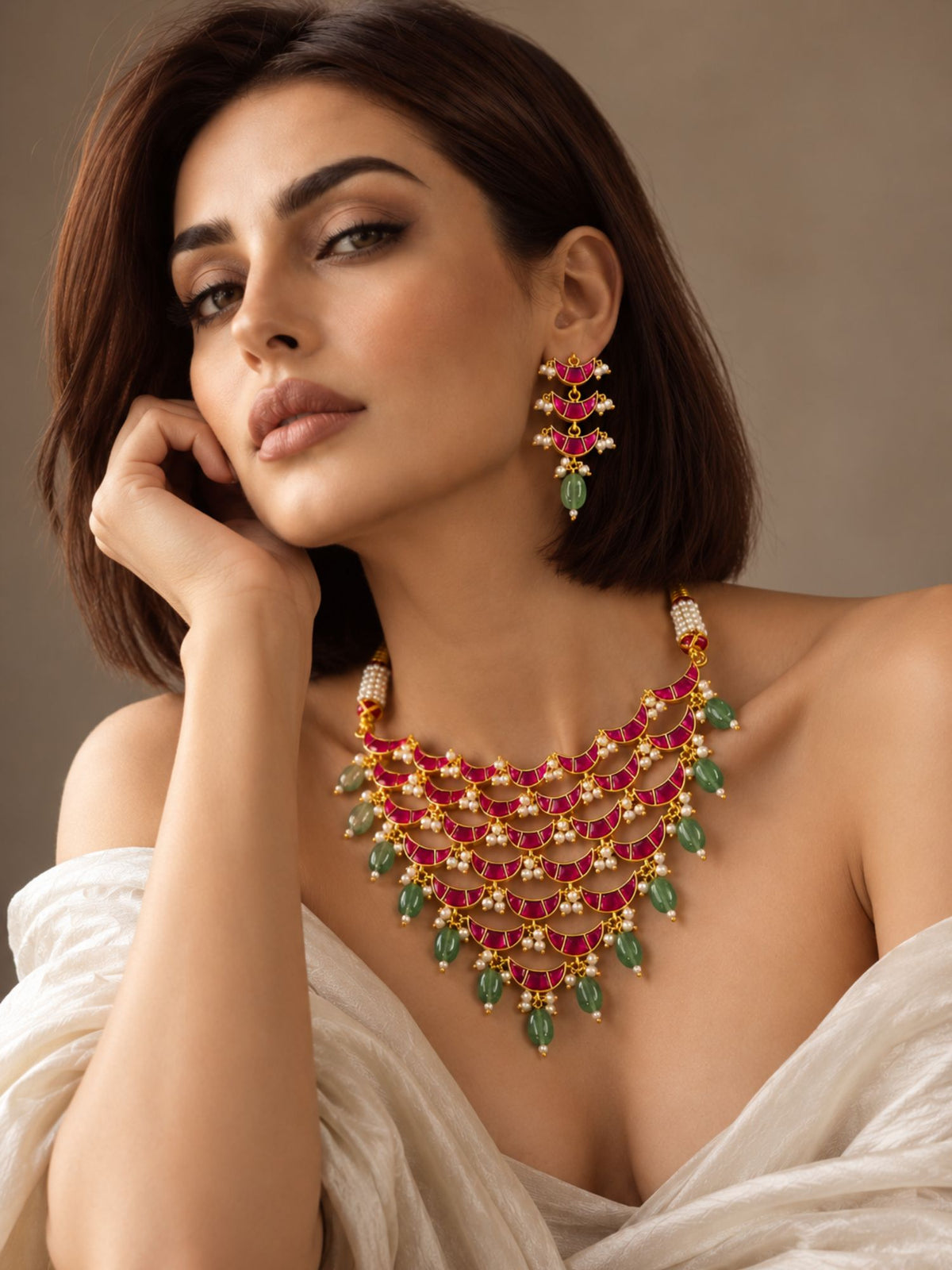 Red Kundan Crescent Green Bead Necklace Set Gold Plated | Abdesigns