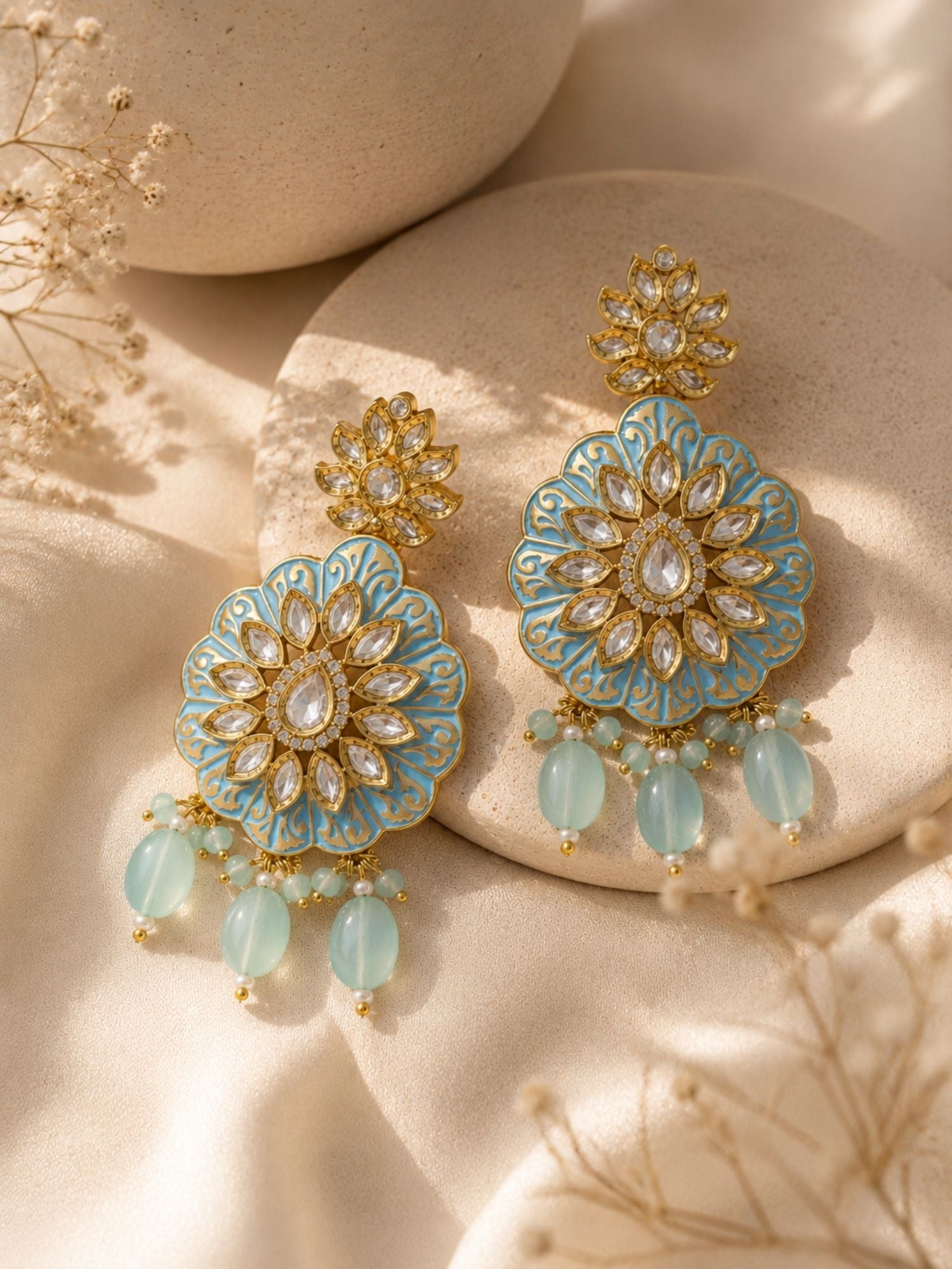 Sky Blue Kundan Statement Earrings in Gold Finish – Festive Wear | Abdesigns Jewellery