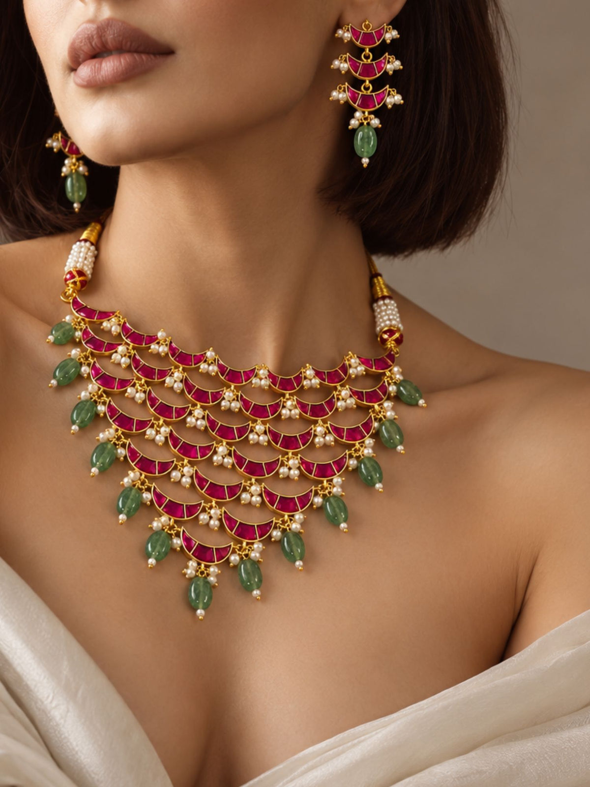Red Kundan Crescent Green Bead Necklace Set Gold Plated | Abdesigns