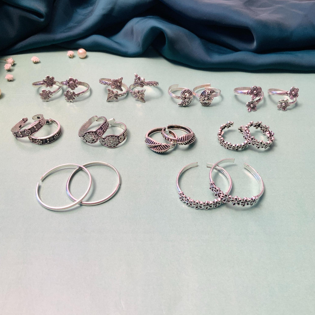 Floral Pack of 10 Silver Oxidised Toe-rings Designs - Abdesignsjewellery