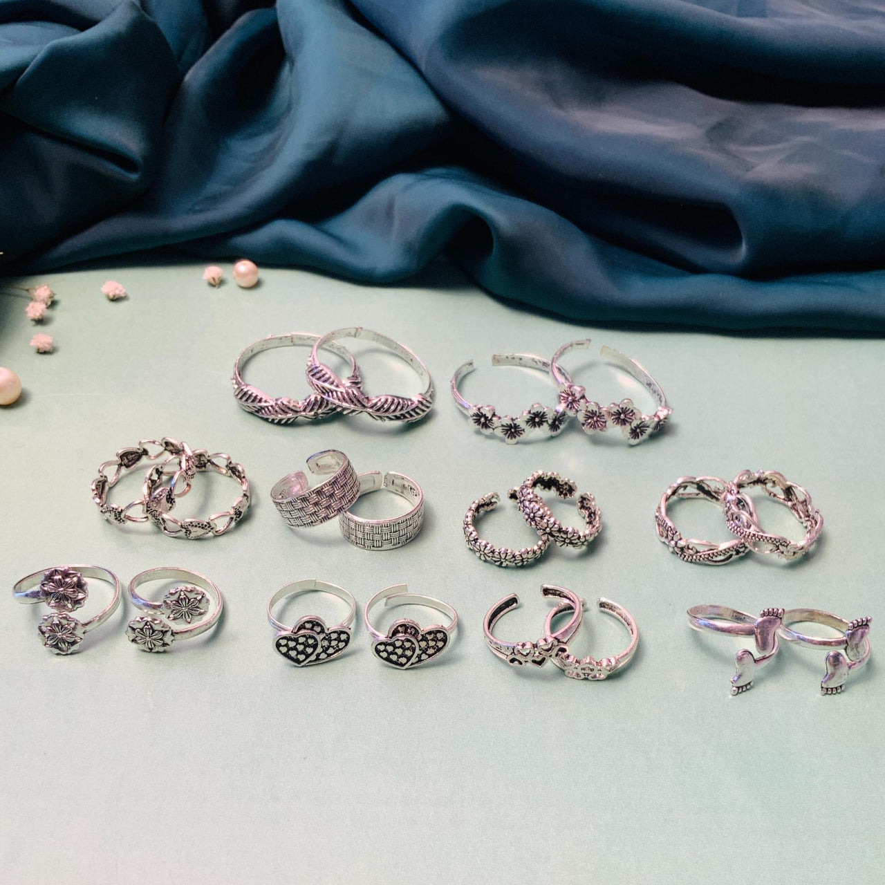 Elegant Pack of 10 Silver Oxidised Toe-rings Designs