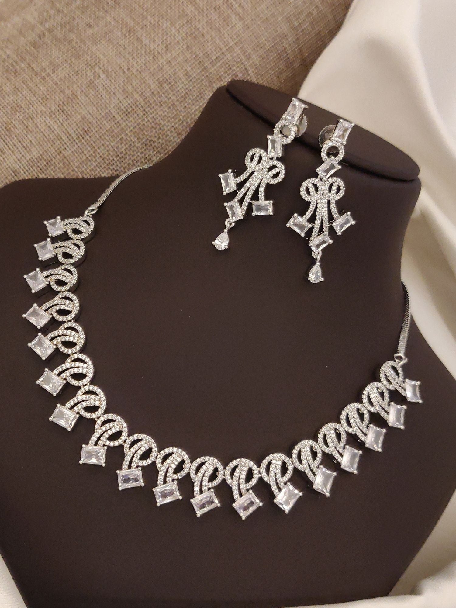 Abdesigns Silver Plated American Diamond Necklace Set